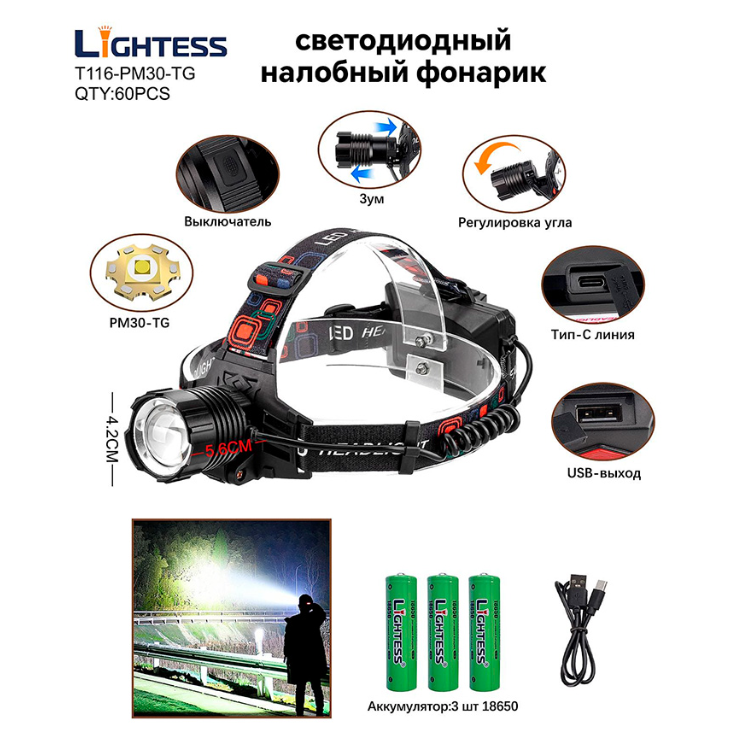 Fonarik nalobnyj svetodiodnyj Lightess T116-PM30-TG 13 Fonarik nalobnyj svetodiodnyj Lightess T116-PM30-TG 13