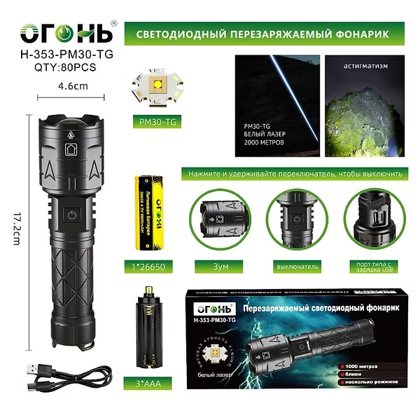 Fonarik ruchnoj svetodiodnyj H-353-PM30-TG Fonarik ruchnoj svetodiodnyj H-353-PM30-TG