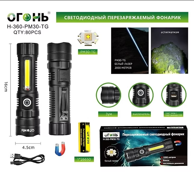 Fonarik ruchnoj svetodiodnyj H-360-PM30-TG Fonarik ruchnoj svetodiodnyj H-360-PM30-TG