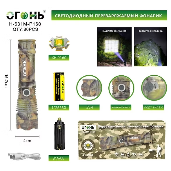 Fonarik ruchnoj svetodiodnyj H-631M-P160 Fonarik ruchnoj svetodiodnyj H-631M-P160