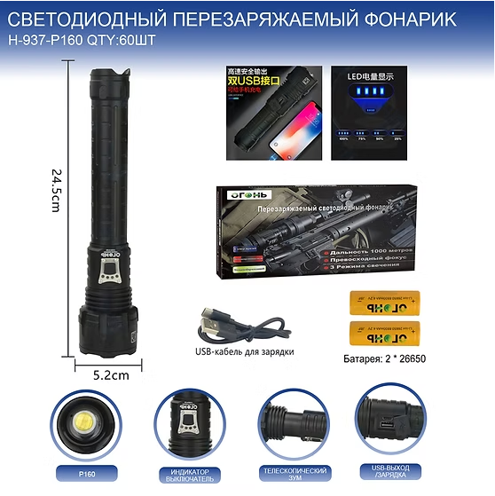 Fonarik ruchnoj svetodiodnyj H-937-P160 Fonarik ruchnoj svetodiodnyj H-937-P160