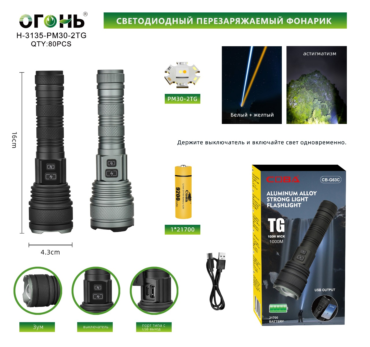 Fonarik ruchnoj svetodiodnyj H-3135-PM30-2TG Fonarik ruchnoj svetodiodnyj H-3135-PM30-2TG