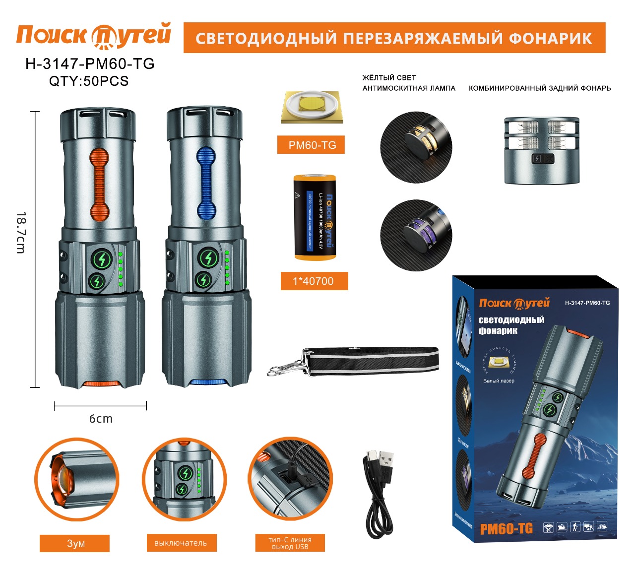 Fonarik ruchnoj svetodiodnyj H-3147-PM60-TG Fonarik ruchnoj svetodiodnyj H-3147-PM60-TG