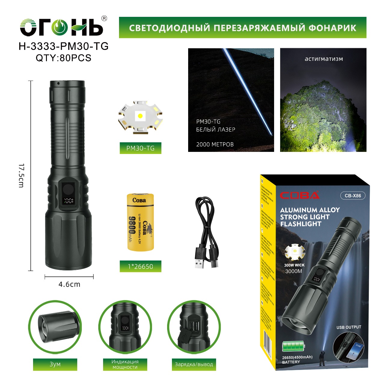 Fonarik ruchnoj svetodiodnyj H-3333-PM30-TG Fonarik ruchnoj svetodiodnyj H-3333-PM30-TG