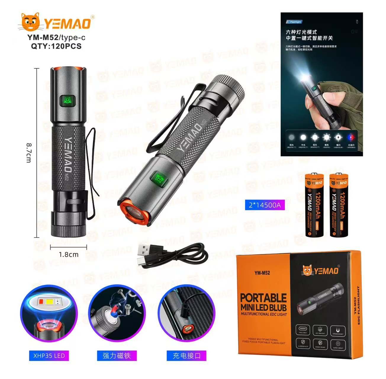 Fonarik ruchnoj svetodiodnyj Yemao YM-M52-XHP35 LED 1 Fonarik ruchnoj svetodiodnyj Yemao YM-M52-XHP35 LED 1